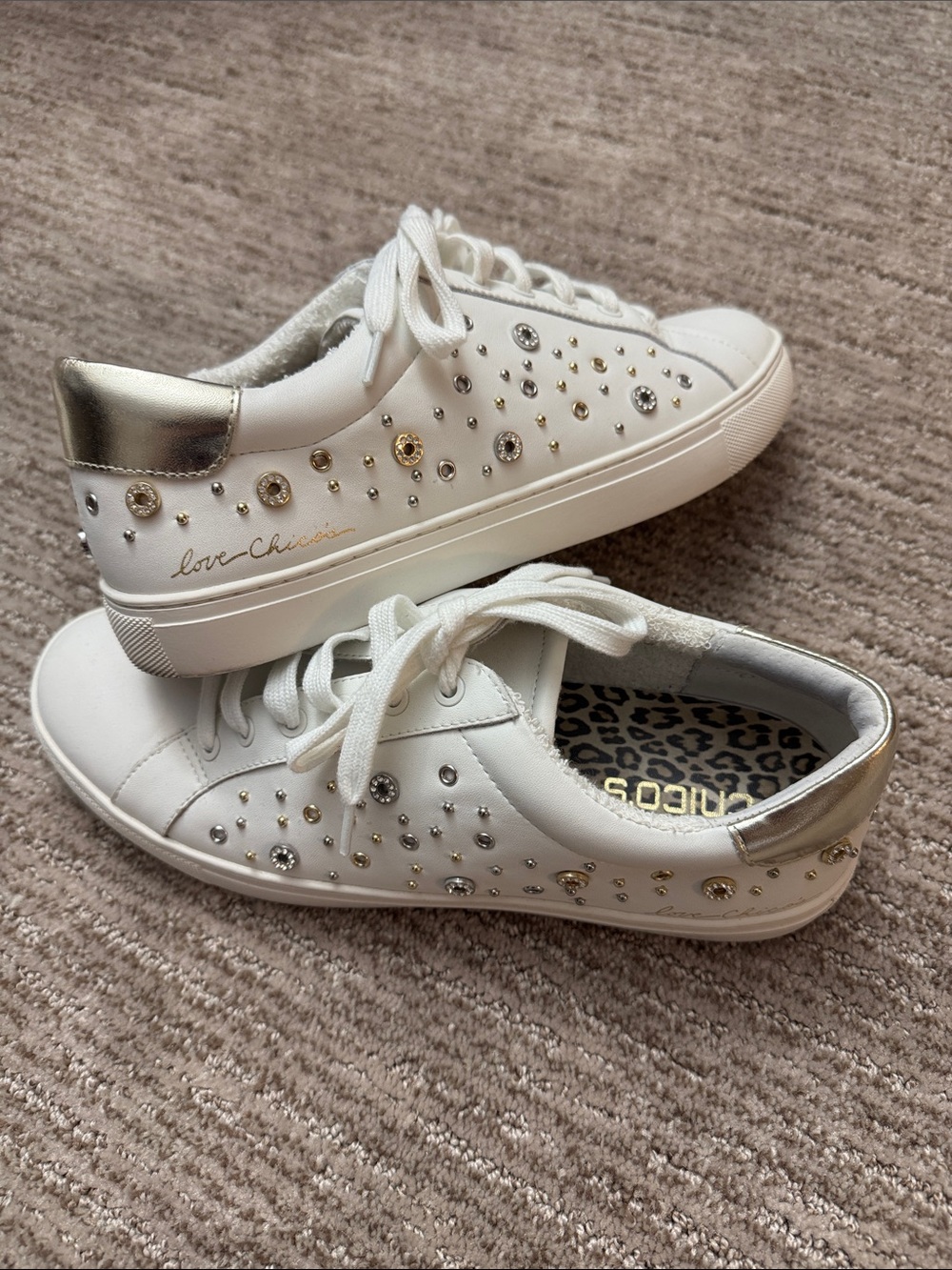 Chico's White Mixed-Metal Studded Lace-Up Sneakers Size 9